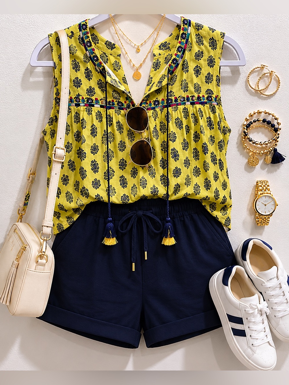 Sleeveless Yellow Black Printed tunic top